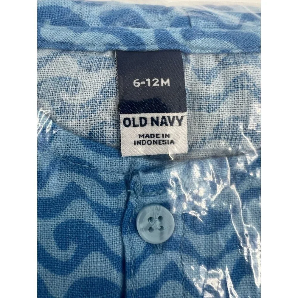 Old Navy Baby Romper Blue Wave Linen Blend Henley One Piece 6-12 months